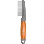 High-resolution vertical studio product shot of the WAHL dog grooming comb isolated on a solid white background. The tool features a long row of uniform, fine stainless steel teeth set into a sleek grey plastic spine. The straight, ergonomic handle is made from a vibrant, translucent orange gel with a grey end cap and hanging loop, with the silver WAHL brand name printed vertically down the centre.