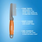 Marketing infographic of the WAHL dog grooming comb positioned vertically against a clean, vibrant blue background. White dotted indicator lines point out the product's key selling points. The top text highlights "FINE TEETH DESIGNED TO PENETRATE THE COAT AND REMOVE STUBBORN TANGLES". The middle text notes "EASY CLEAN FOR HYGIENIC USE EVERY TIME". The bottom text points to the "GEL HANDLE FOR SECURE AND COMFORTABLE GRIP"