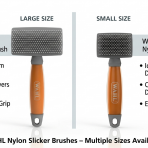 A product comparison infographic titled "WAHL Nylon Slicker Brushes – Multiple Sizes Available." The image is split down the centre by a grey vertical line, comparing two distinct products against a clean white background. Left Side (LARGE SIZE): Displays a tall, perfectly front-facing image of the WAHL Large Nylon Slicker Brush (from image_19.png). Its wide rectangular grey head is filled with white nylon bristles. Below the head, the orange gel comfort handle features the distinct 'WAHL' logo. Adjacent bullet points describe the brush as "Ideal for Medium to Large Dogs" and highlights its "Wider Head Covers More Area." Right Side (SMALL SIZE): Displays a tall, matching front-facing image of the WAHL Small Nylon Slicker Brush (from image_25.png), showing its proportionally smaller, compact grey head and white bristles. It features an identical orange gel handle with the 'WAHL' logo. Adjacent bullet points define its use as "Ideal for Small Dogs & Puppies" and specify its "Compact Head for Delicate Areas." Both brushes are shown standing with soft reflections, providing a clear visual contrast between the head sizes.