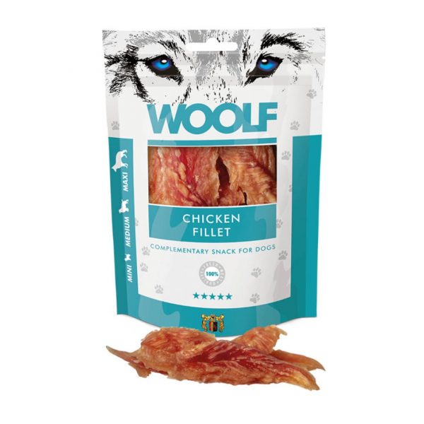 Woolf Chicken Fillet Pack open 1080px Pack of Woolf Chicken Fillet Dogs treats with a sample of product open in front of pack