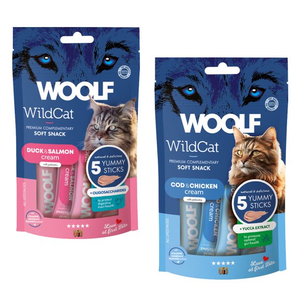 Woolf WildCat Cream Pair 1080px Two packs of Woolf Wildcat Cream treats in Cod & Chicken and Duck & Salmon