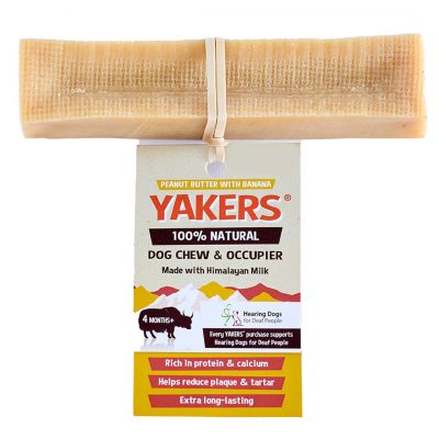 Yakers medium Yak Chew Dog Treat Peanut Butter Banana Flavour with product tag on elastic band round middle