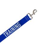 Close-up of the blue Training lead's trigger hook and lettering