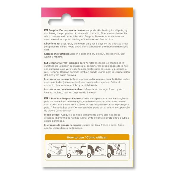 beaphar-derma-wound-cream-30ml-3 Back of the Beaphar Derma+ Wound Cream box showing directions, storage and how-to-use steps