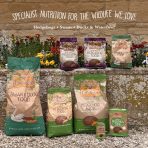 Brambles wildlife food range: hedgehog in bags, a tin and a box and swan & duck food in a big sack