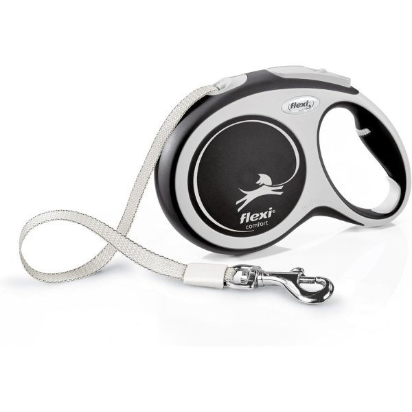 Flexi Comfort Large 8m retractable tape dog lead in black and white with snap hook