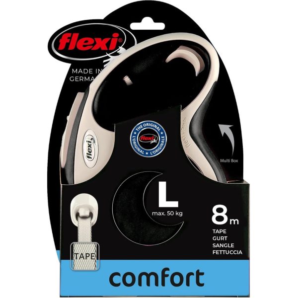 flexi-comfort-retractable-dog-lead-large-8m-2 Flexi Comfort Large 8m tape retractable dog lead in its retail packaging, rated for dogs up to 50kg
