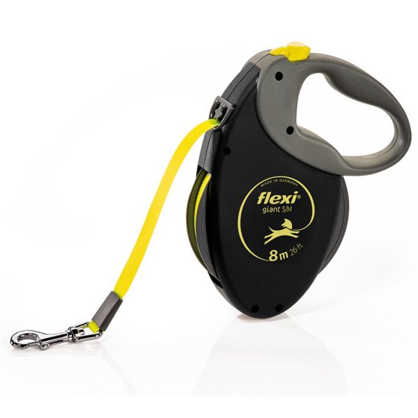 Flexi Giant S/M 8m retractable tape dog lead in black with neon yellow tape and grey soft grip handle