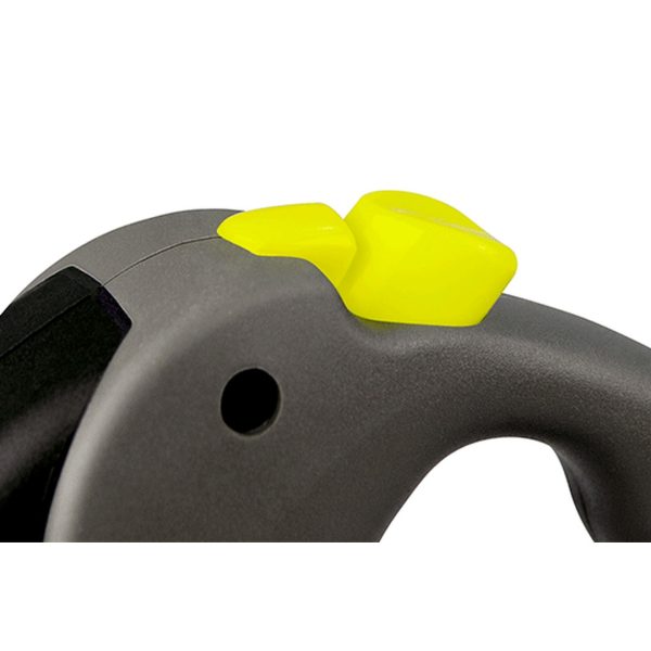 flexi-giant-retractable-dog-lead-sm-8m-3 Flexi Giant retractable lead brake button in neon yellow on the grey handle