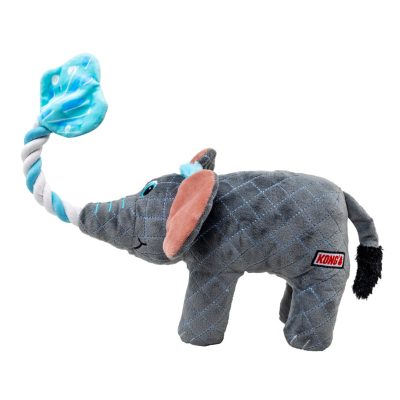KONG Bendeez Elephant plush dog toy with a grey quilted body, pink ears and a rope trunk ending in a blue water-splash plush