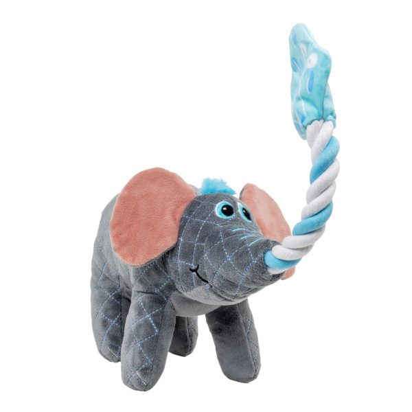 kong-bendeez-elephant-6 KONG Bendeez Elephant with its bendable blue and white rope trunk raised upwards