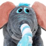 Close-up of the KONG Bendeez Elephant's face with blue eyes, pink ears, a fluffy blue tuft and a blue and white rope trunk