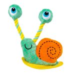 KONG Bendeez Snail plush dog toy with a mint green body, orange shell and yellow/green rope antennae and green eyes on top