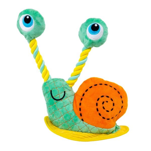KONG Bendeez Snail plush dog toy with a mint green body, orange shell and yellow/green rope antennae and green eyes on top