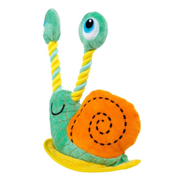 kong-bendeez-snail-3 Side view of the KONG Bendeez Snail with a stitched orange shell and yellow base