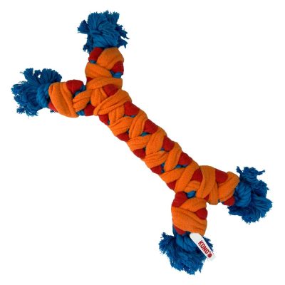 KONG Rope Rally Bone dog toy made of orange and red woven fleece with blue knotted rope ends