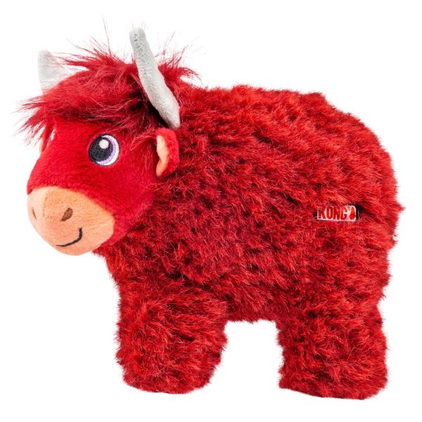KONG Toughz Highland Cow plush dog toy with shaggy red fur, grey horns and a peach snout