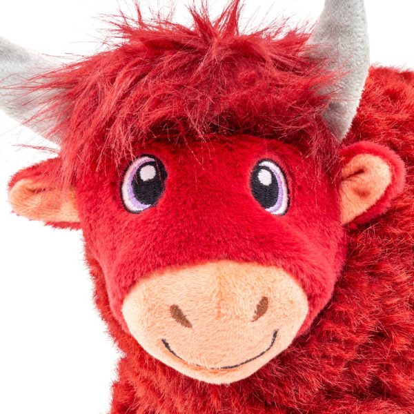 kong-toughz-highland-cow-medium-3 Close-up of the KONG Toughz Highland Cow's face with a shaggy red fringe and grey horns