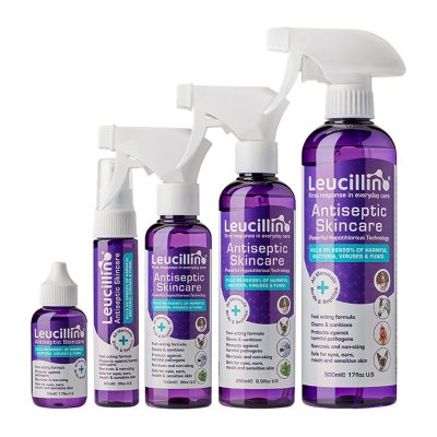 Leucillin Antiseptic Skincare Spray 50ml to 500ml bottles grouped close together, smallest on the left