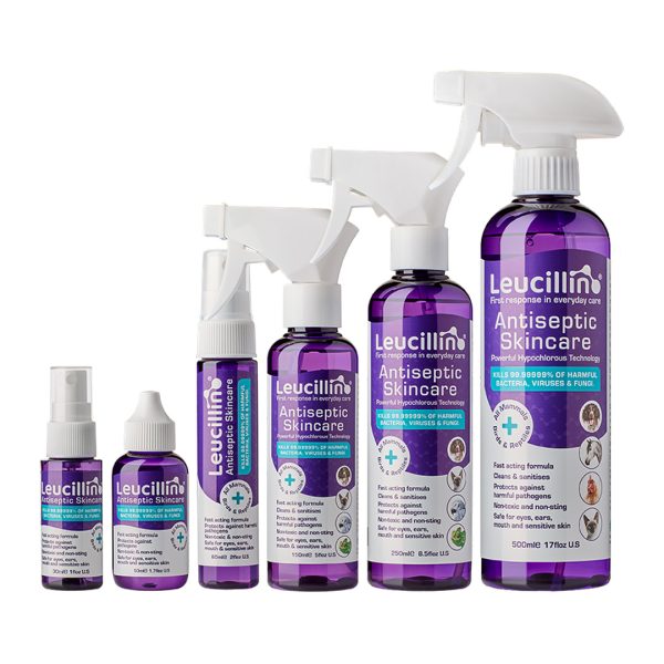 leucillin-antiseptic-spray-8 Leucillin Antiseptic Skincare Spray 30ml to 500ml bottles grouped close together, smallest on the left