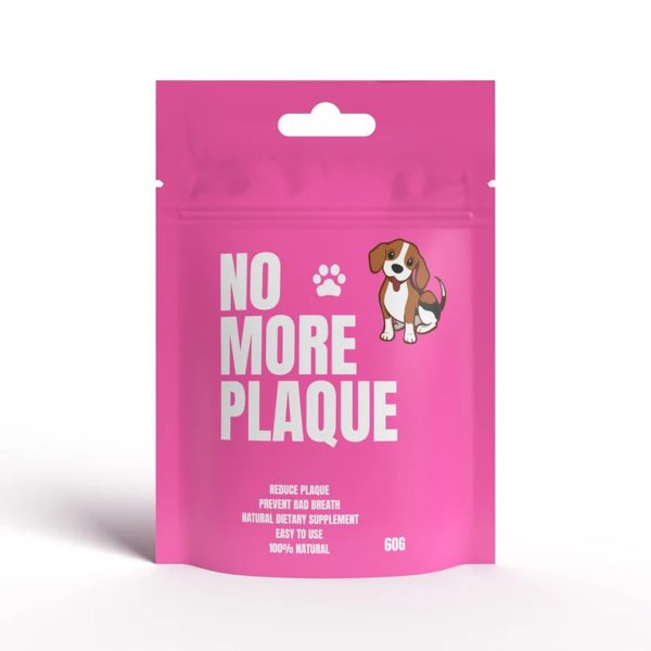 no-more-plaque-60g-1 No More Plaque 60g pink pouch of natural Norwegian seaweed dental powder for pets, with a beagle illustration