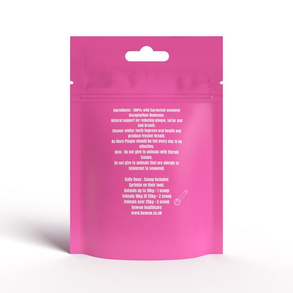 no-more-plaque-60g-2 Back of the No More Plaque 60g pouch showing ingredients, daily scoop dosage guide and Bewow Healthcare details
