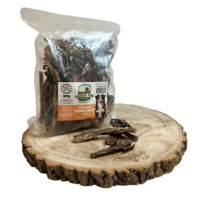 A 1kg clear plastic bag of Nova Dog Chews Paddock Farm 100% Natural Camel Tripe dog treats, standing upright on a rustic round wooden log slice against a clean white background. A few individual pieces of the dark brown, textured, air-dried camel tripe pieces are displayed neatly on the wood in front of the bag. The orange and cream product label features a Border Collie illustration and detailed nutritional information