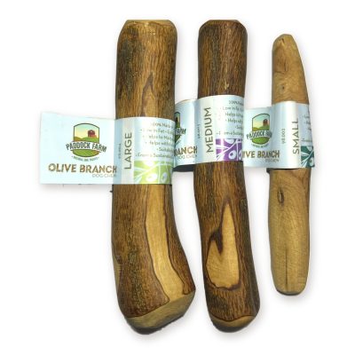 Paddock Farm Olive Branch dog chews in small, medium and large sizes side by side on a white background