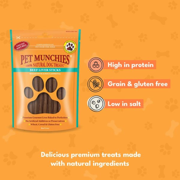 pet-munchies-beef-liver-sticks-dog-treats-90g-2 Pet Munchies Beef Liver Sticks pack with high in protein, grain and gluten free and low in salt icons