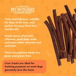 Pet Munchies beef liver sticks beside text on suitability for puppies from four months