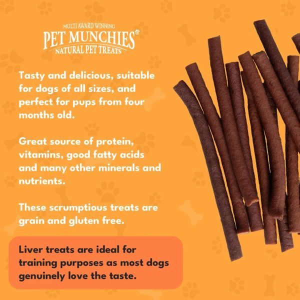 pet-munchies-beef-liver-sticks-dog-treats-90g-3 Pet Munchies beef liver sticks beside text on suitability for puppies from four months