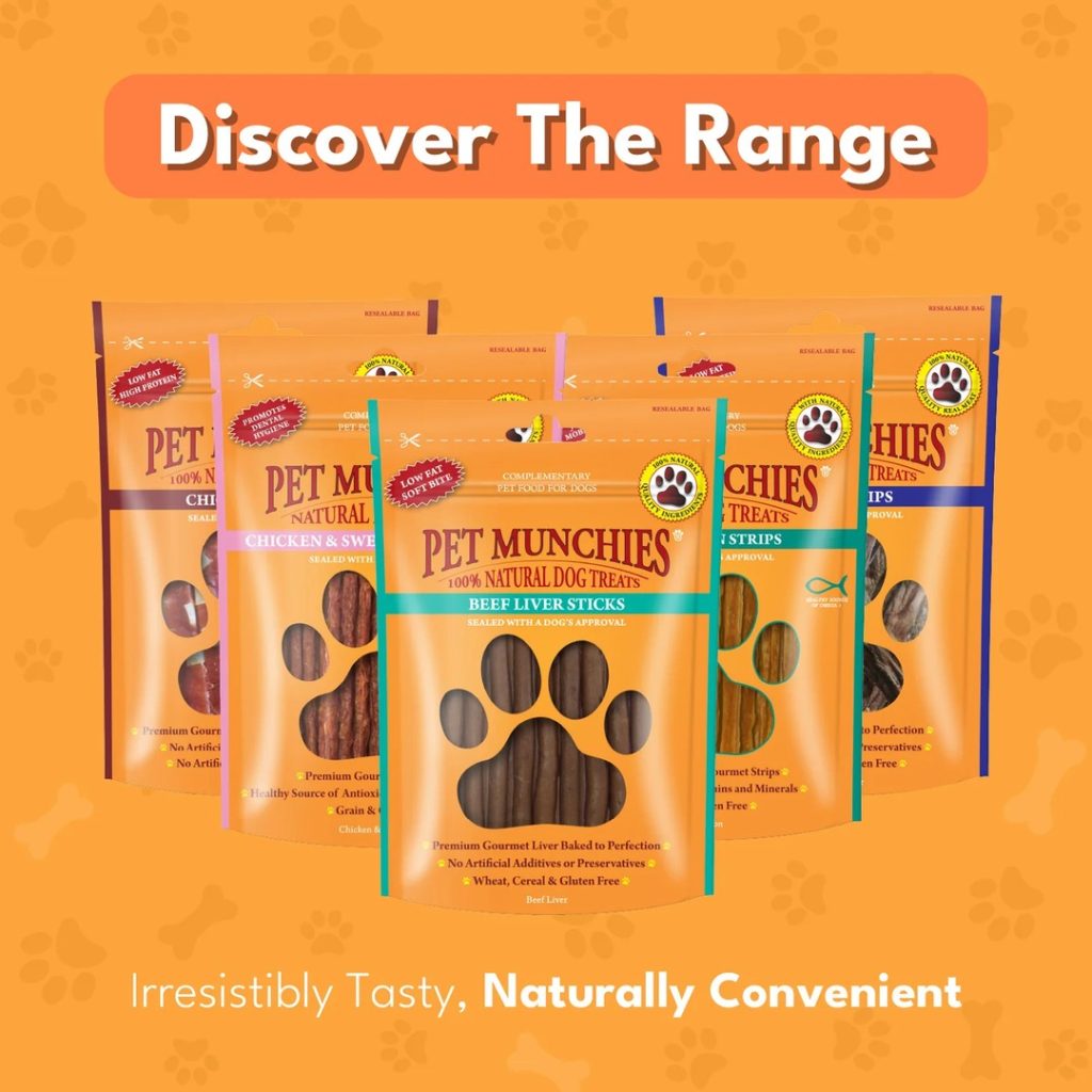 Pet Munchies Beef Liver Sticks Dog Treats 90g 1 Pet Munchies dog treat range with Beef Liver Sticks in front of the other flavours