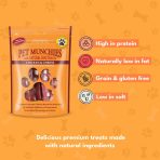 Pet Munchies Chicken and Cheese pack with high in protein, naturally low in fat, grain and gluten free and low in salt icons