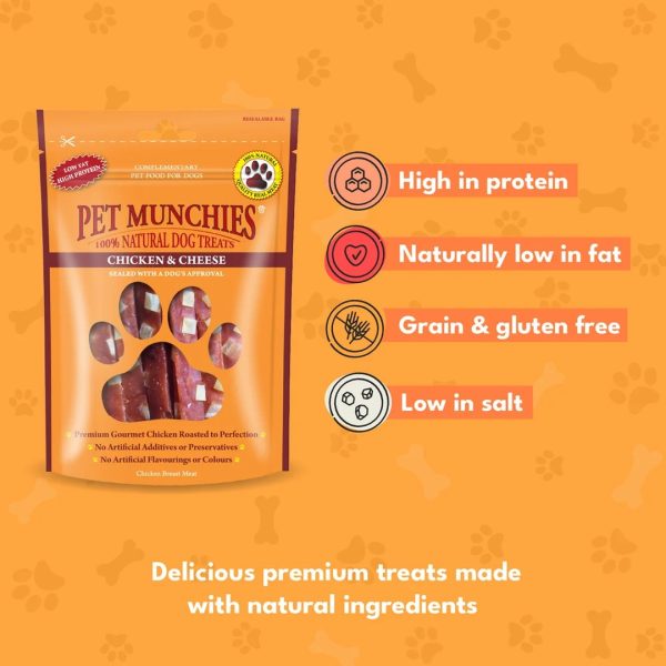 pet-munchies-chicken-cheese-dog-treats-100g-2 Pet Munchies Chicken and Cheese pack with high in protein, naturally low in fat, grain and gluten free and low in salt icons