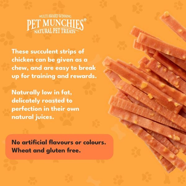 pet-munchies-chicken-cheese-dog-treats-100g-3 Strips of Pet Munchies chicken and cheese dog treats with small pieces of cheese
