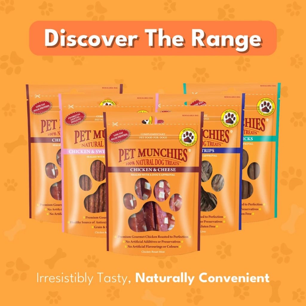 Pet Munchies Chicken and Cheese Dog Treats 100g 1 Pet Munchies dog treat range with Chicken and Cheese in front of the other flavours