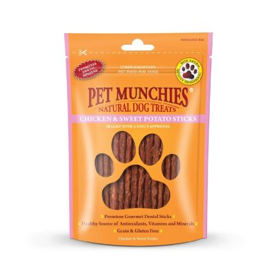 Pet Munchies Chicken and Sweet Potato Sticks dog treats 90g resealable pack