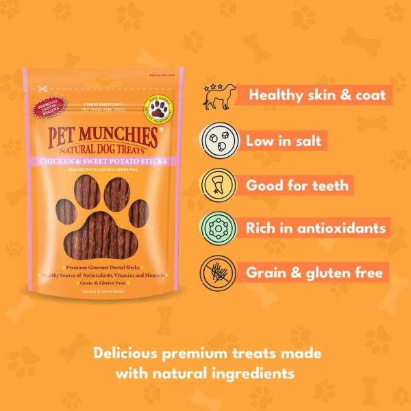 pet-munchies-chicken-sweet-potato-dog-treats-90g-2 Pet Munchies Chicken and Sweet Potato Sticks pack with healthy skin and coat, low in salt, good for teeth and grain and gluten free icons