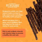Pet Munchies chicken and sweet potato sticks beside text on dental hygiene and healthy skin and coat