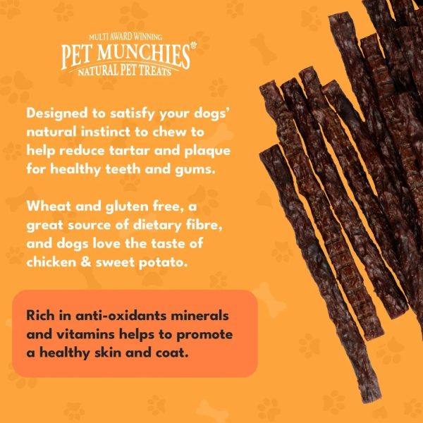 pet-munchies-chicken-sweet-potato-dog-treats-90g-3 Pet Munchies chicken and sweet potato sticks beside text on dental hygiene and healthy skin and coat