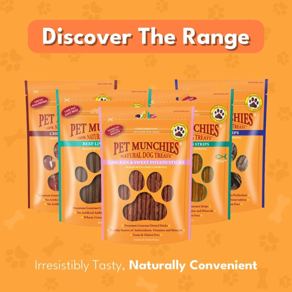 Pet Munchies Chicken and Sweet Potato Sticks 90g 1 Pet Munchies dog treat range with Chicken and Sweet Potato Sticks in front of the other flavours