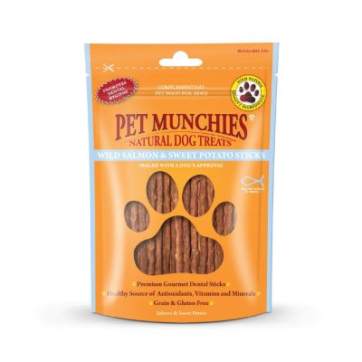 Pet Munchies Wild Salmon & Sweet Potato Sticks 90g resealable dog treat bag