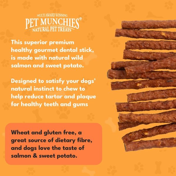 pet-munchies-wild-salmon-sweet-potato-sticks-3 Close-up of Pet Munchies wild salmon and sweet potato dental sticks for dogs