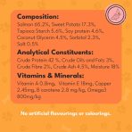 Composition and analytical constituents for Pet Munchies Wild Salmon & Sweet Potato Sticks, including 65.2% salmon
