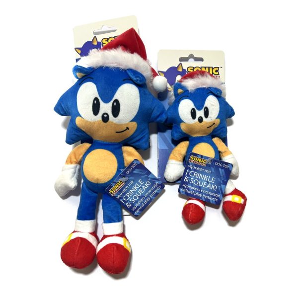 Sonic the Hedgehog Christmas dog toys in 6 inch and 9 inch sizes with Santa hats