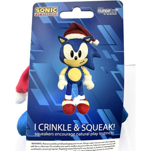 sonic-festive-card-closeup-1080 Close up of Sonic the Hedgehog crinkle and squeak dog toy packaging